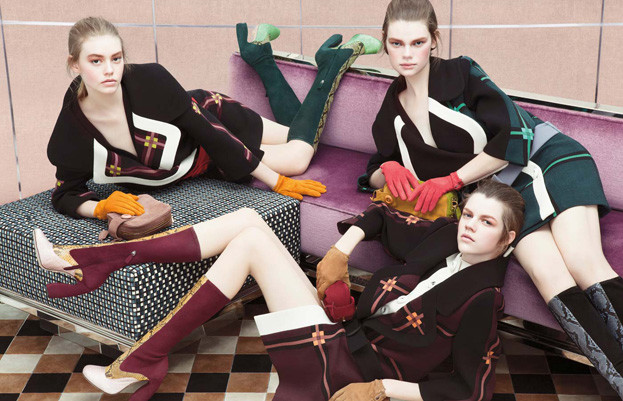 Prada's fall campaign casted all relatively new faces for the sixties inspired wear. This image features Kelly Mittendorf, Antonia Wesseloh and Ondria Hardin. / Photo by Steven Meisel